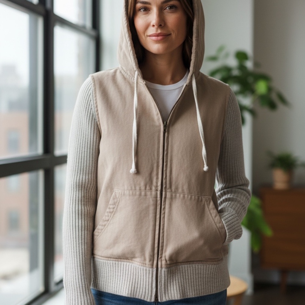 Anthro Saturday Sunday Beige Hooded Zip Front Jacket Coastal Cozy CottageCore